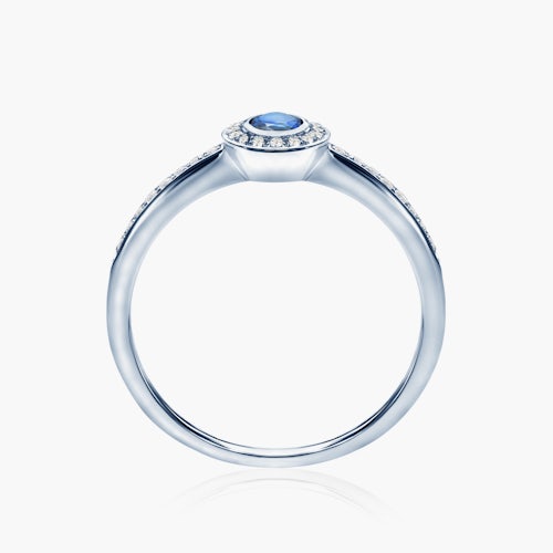 Pierścionek zaręczynowy SAVICKI: białe złoto, niebieski szafir, diamenty